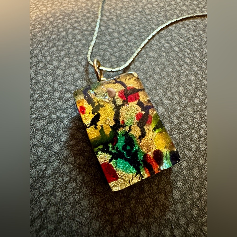 Murano Multicolor Dichroic Glass Pendant Necklace - Gold, Green, Red, Black